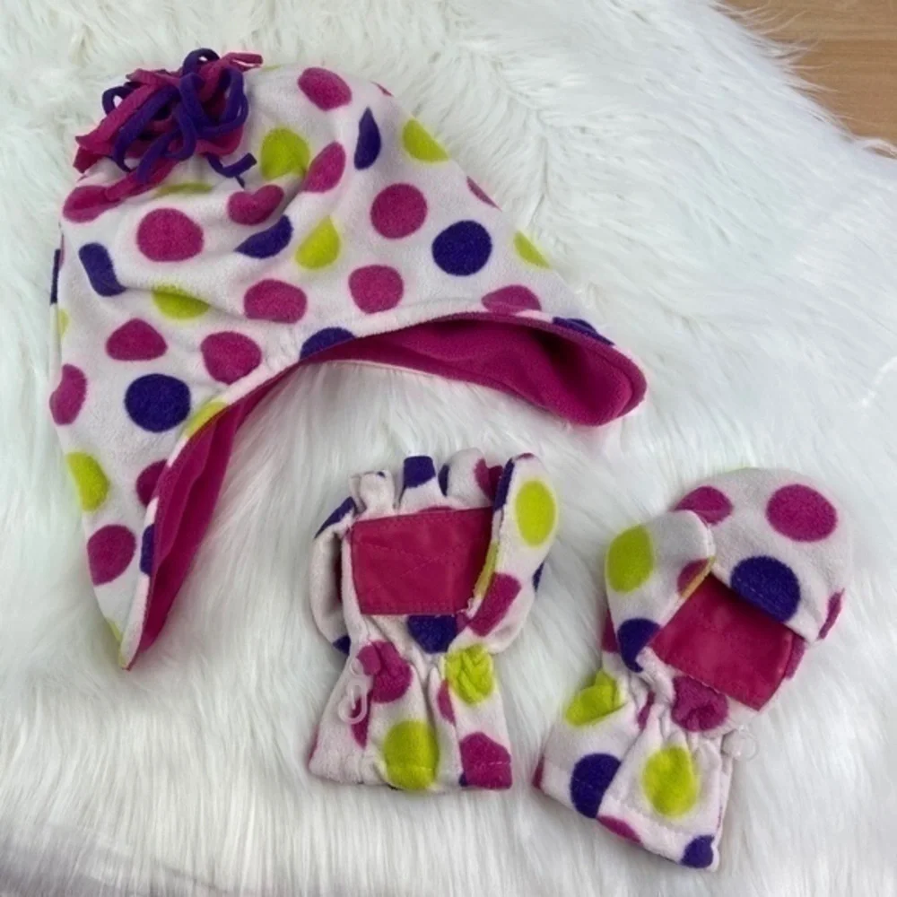 Falls Creek Hat and Mittens Winter Girls Polka Dot Soft Warm Fleece